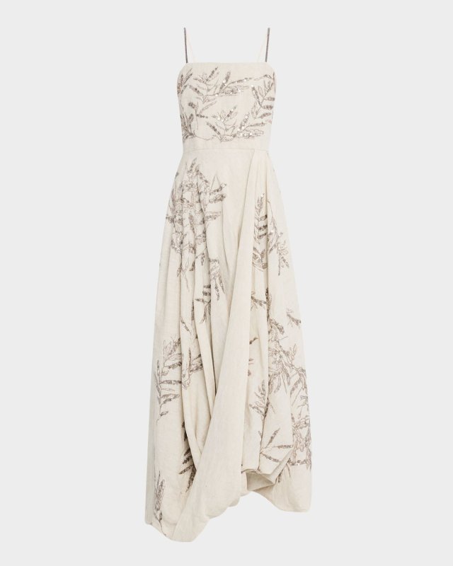 Herbarium Embroidered Linen Bubble Midi Dress